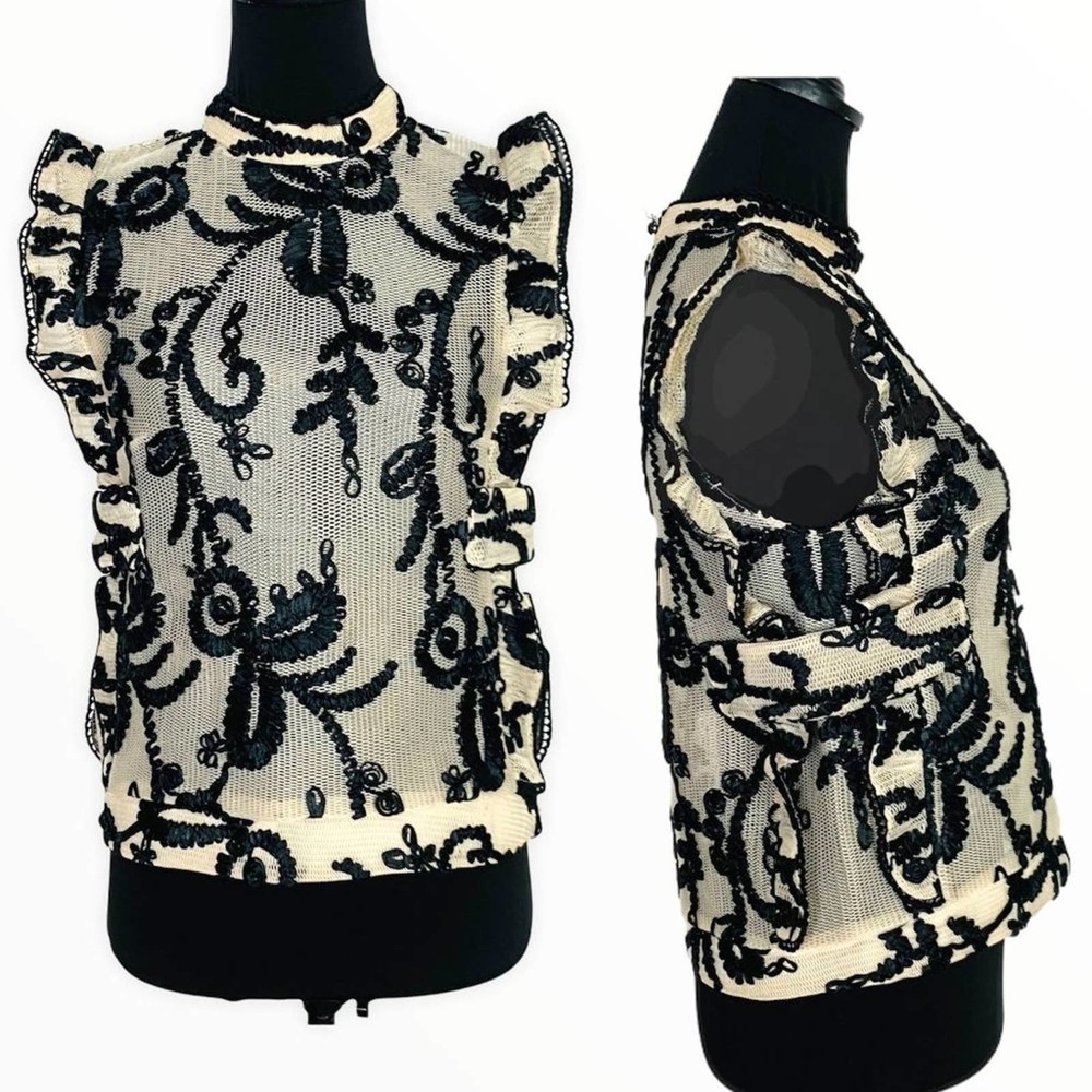 dRA Los Angeles Womens Floral Embroidered Tulle Top Small Ruffle Sleeve